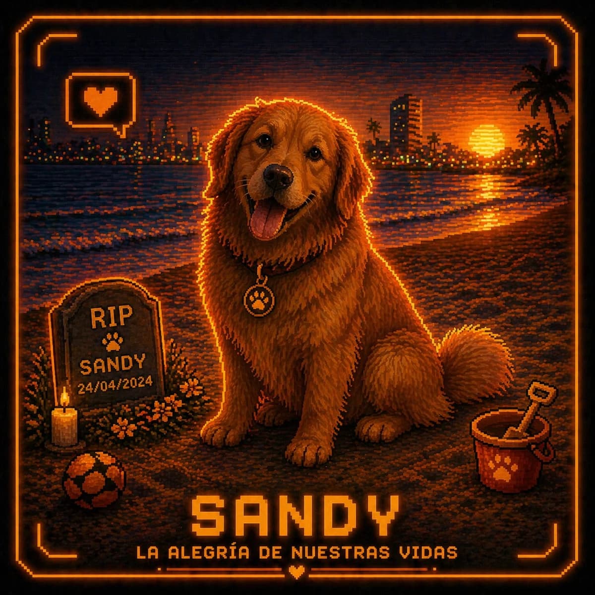 Sandy, golden retriever mascota de FOMO desde sus inicios — ilustración pixel-art en una playa al atardecer con una lápida que dice RIP SANDY 24/04/2026